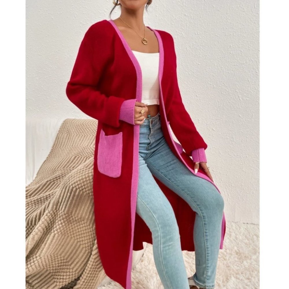 knit Open Front Colorblock Pocketed Cardigan Pink Red - Picture 2 of 10